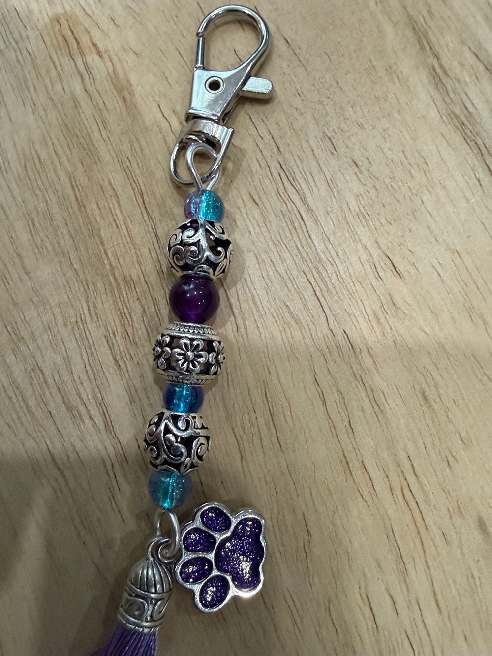Purple Tassel Paw Bead Keychain with Silver Accents - Picture 4 of 8